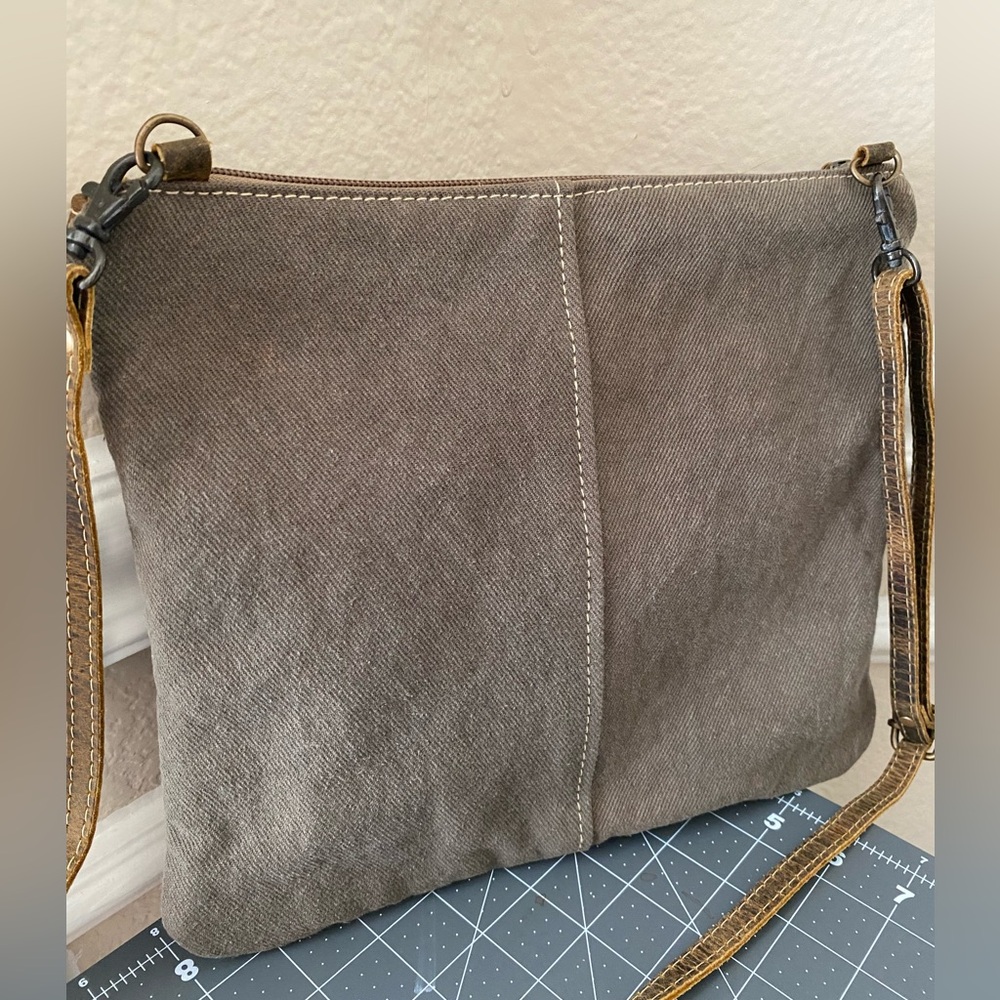 Myra Crossbody Bag Upcycled Tweed Gray Brown Cream Fall Western Leather Wristlet - Picture 9 of 15